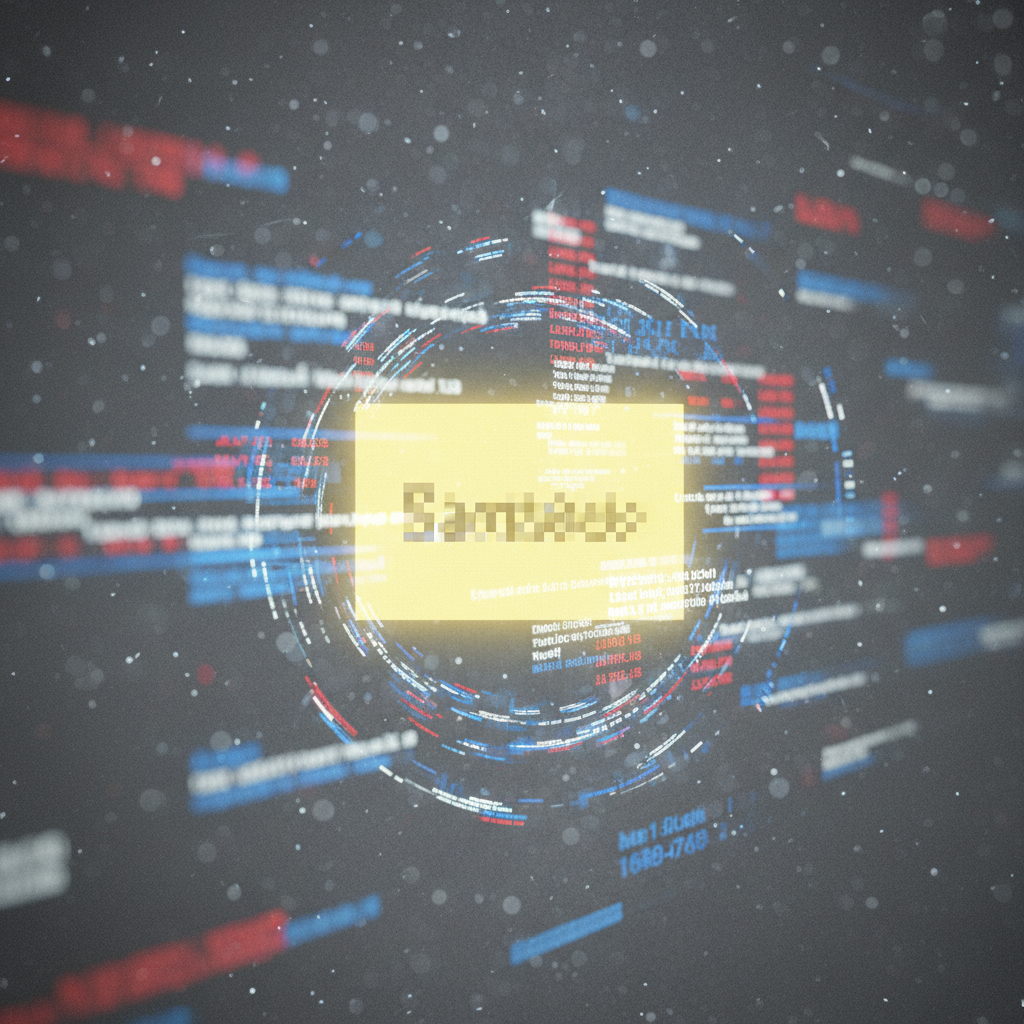 A blurred digital news screen with a specific name highlighted in a bright yellow box. The background shows a chaotic news feed or abstract data, emphasizing misidentification. High contrast, clean infographic style, textured grey background, no text.