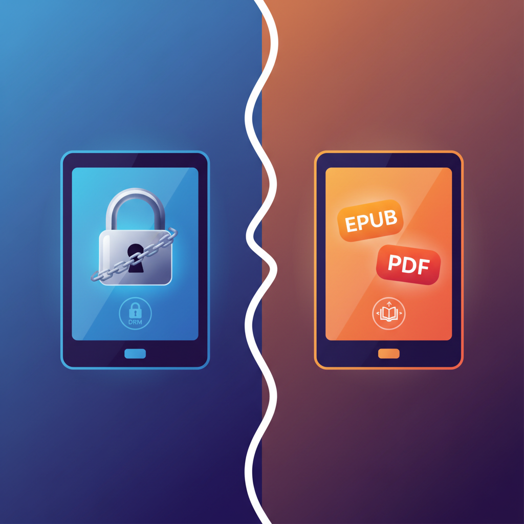 Two ebooks side-by-side. One ebook has a lock icon, symbolizing DRM. The other ebook displays EPUB and PDF icons, representing open formats. Clean infographic style, high contrast, colored background, no text
