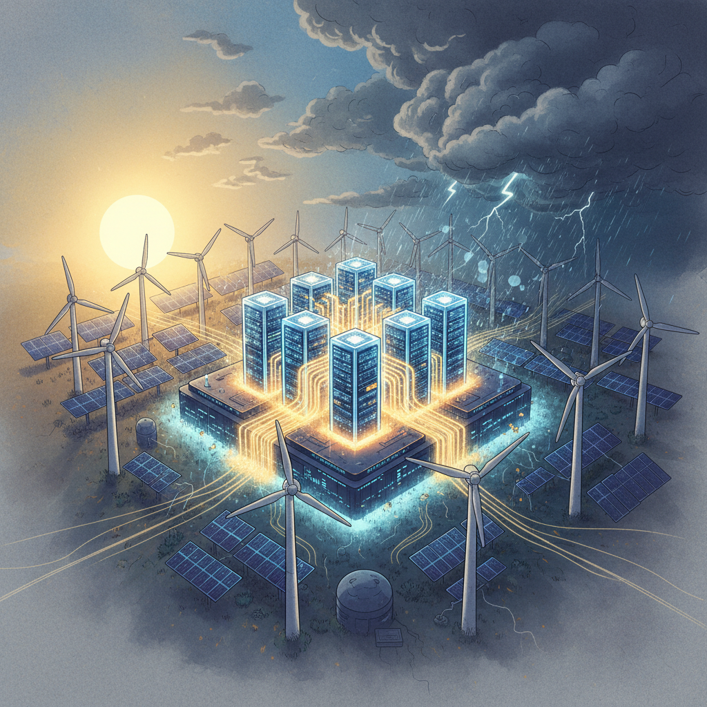 A visual representation of renewable energy sources (solar panels, wind turbines) struggling to meet the intense, constant energy demand from a massive, glowing data center. The sky shows both bright sun and dark, stormy clouds, illustrating intermittency. Style: illustration, artistic rendering, textured background. No text.