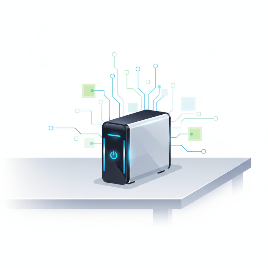 A sleek, compact mini PC on a desk, modern design, clean background, bright lighting, infographic style, no text