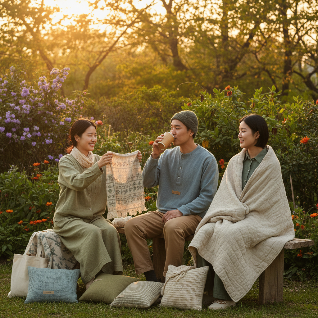 A lifestyle photograph depicting consumers enjoying affordable and eco-friendly textile products, warm lighting, natural setting, vibrant background, no text, Korean appearance, natural expression