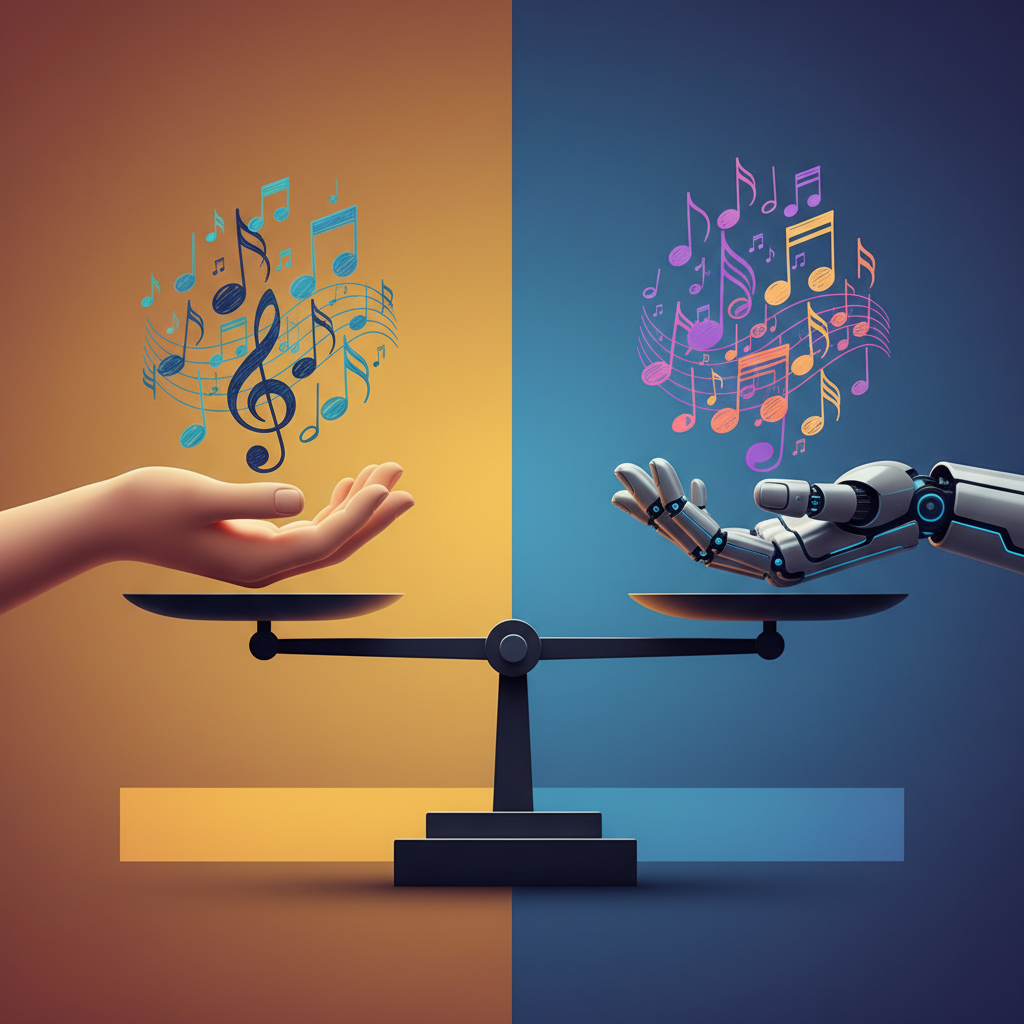 A symbolic image of a human hand and a robot hand on a balanced scale, with musical notes on each side. Clean infographic style, high contrast, gradient background, no text.
