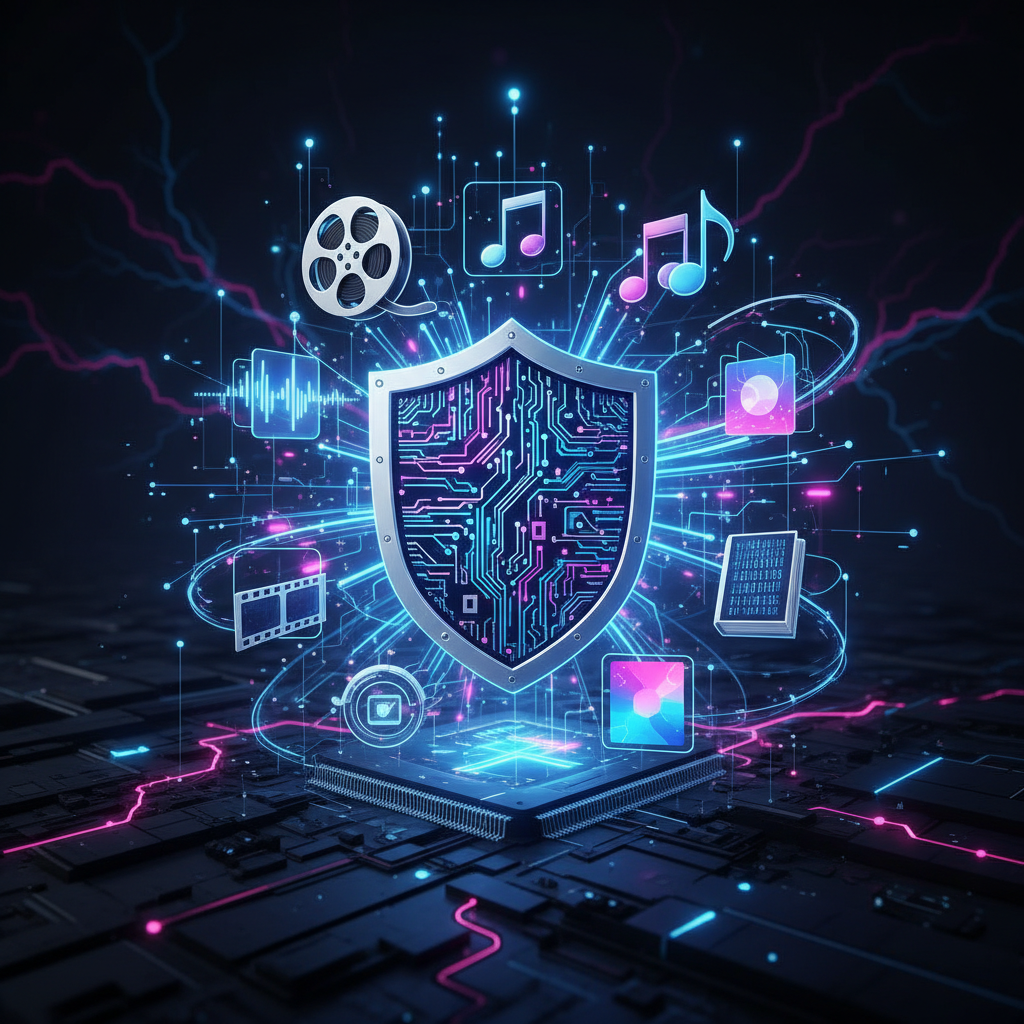 A shield icon representing copyright protection, intricately designed with digital patterns, surrounded by various media content elements like film reels, music notes, and abstract digital art, on a deep textured background, 1:1 aspect ratio, no visible text, clean infographic style