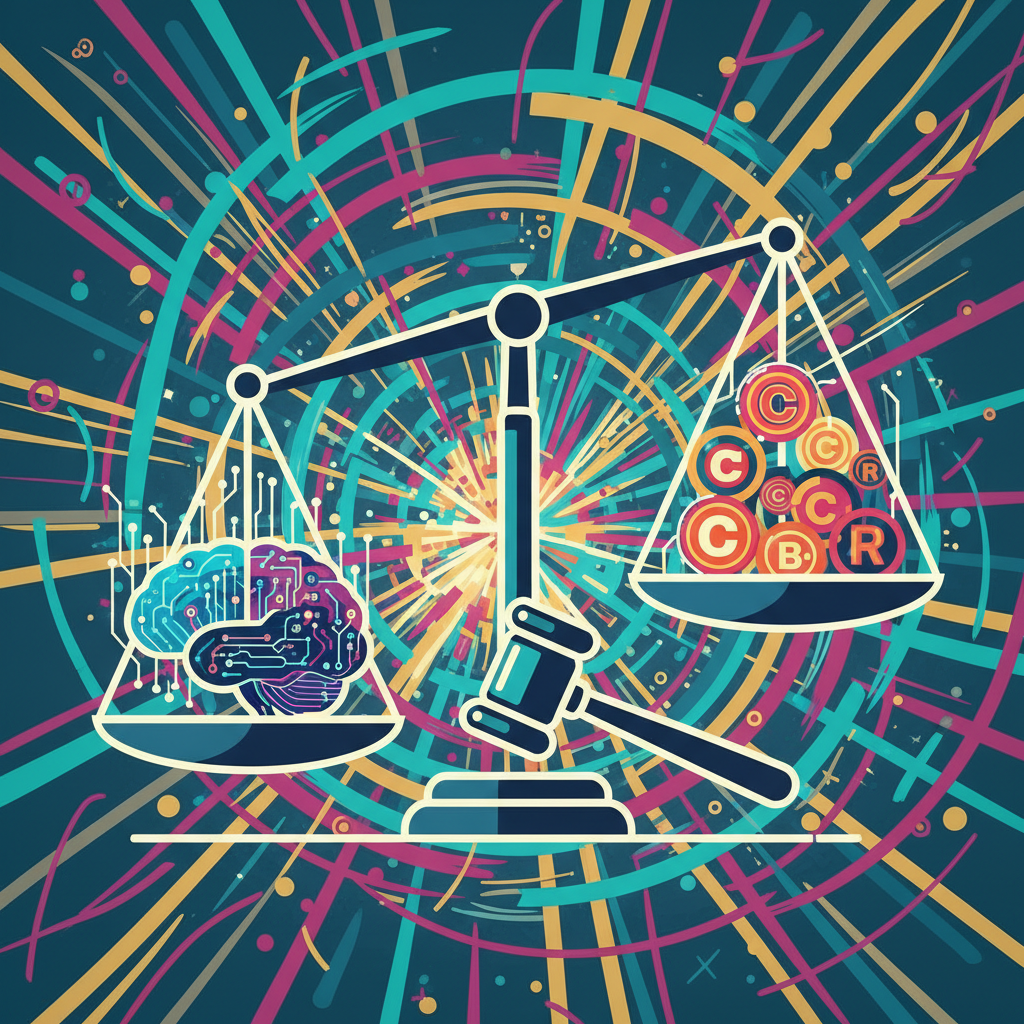 A balanced set of legal scales, with one side representing AI technology and the other side copyright symbols, in a modern illustration style with a dynamic, colored background, no text.