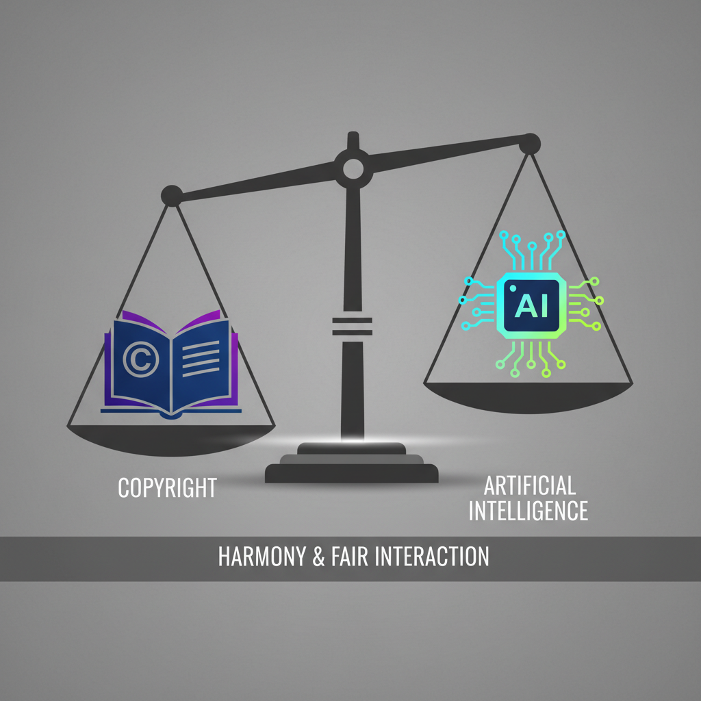 A balanced visual metaphor showing a set of scales. On one side, a stylized book or document icon representing copyright. On the other side, a glowing, modern AI chip or brain icon representing artificial intelligence. The scales are perfectly balanced, suggesting harmony and fairness in their interaction. The background is a clean, slightly textured grey. Style: clean infographic, modern layout, high contrast, colored background, bright lighting.