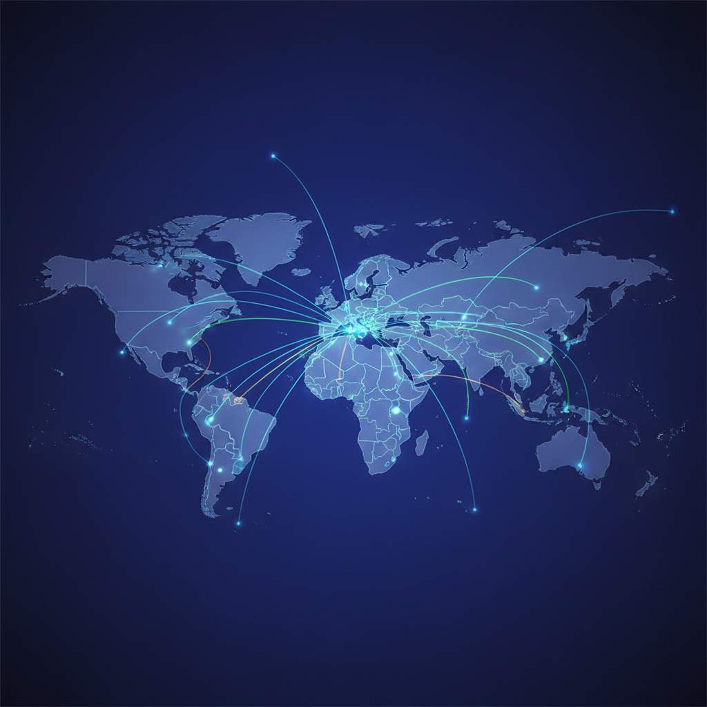 A world map overlaid with glowing lines connecting different countries, symbolizing global tech policy and age verification regulations, clean infographic, modern layout, high contrast, colored background, no text, 4:3 aspect ratio