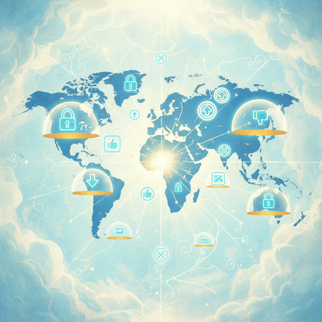 An artistic rendering of a world map, with protective shields and anti-scam symbols emanating from a central point, textured background, bright lighting, illustration style, no text