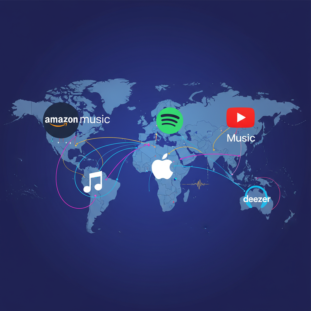 An illustrative map of the world with various music streaming service logos (representing Amazon Music, Spotify, Apple Music, YouTube Music, Deezer) strategically placed on different continents, showing a sense of global competition and reach. The overall visual should convey interconnectedness and rivalry. Clean infographic, modern layout, high contrast. Dark blue or purple gradient background, minimal empty space. No text.