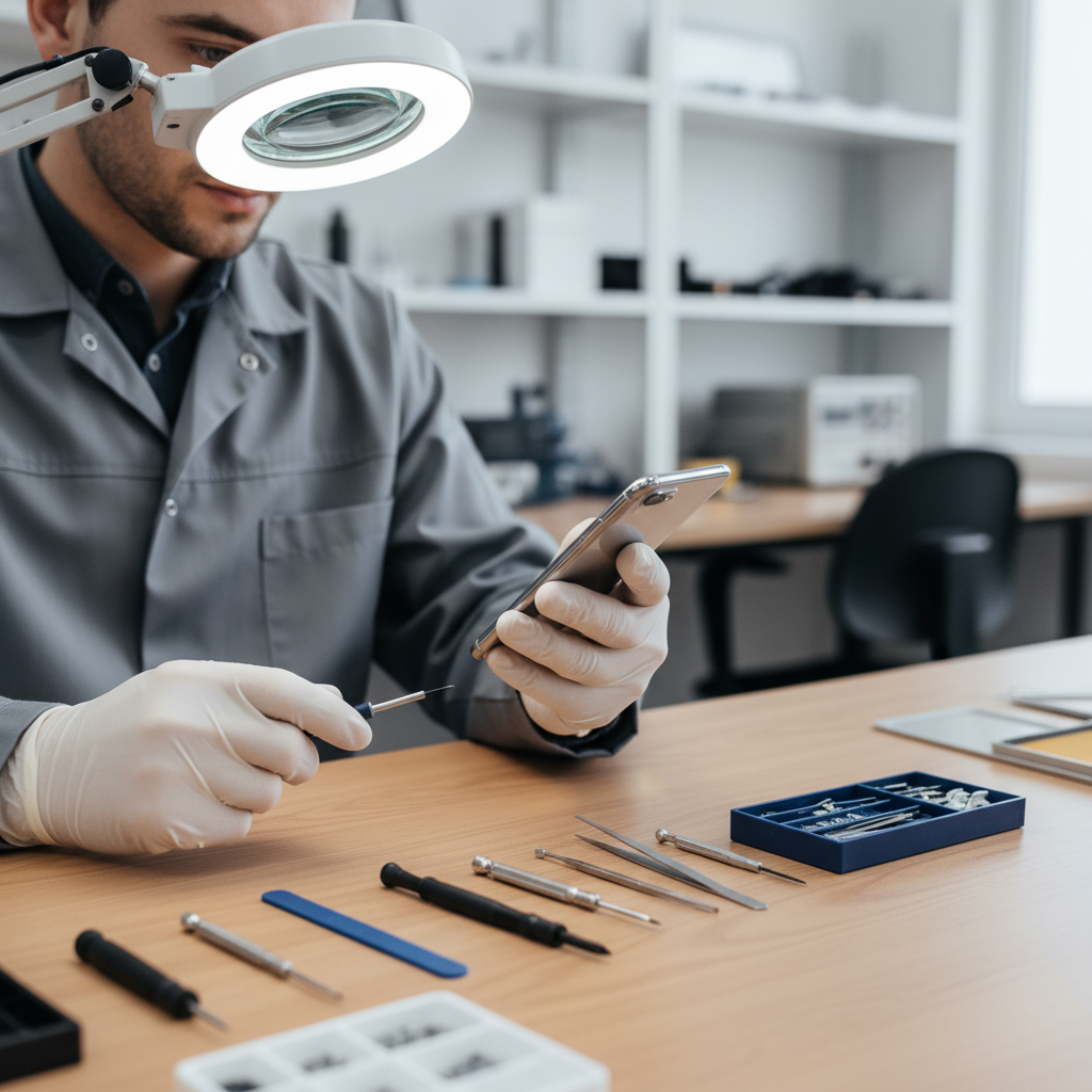 A technician in a modern, clean workshop is meticulously inspecting a refurbished smartphone. Tools are neatly arranged on the workbench. Style: realistic, clean lighting, focused on detail. Background: subtle, blurred workshop environment. No text.