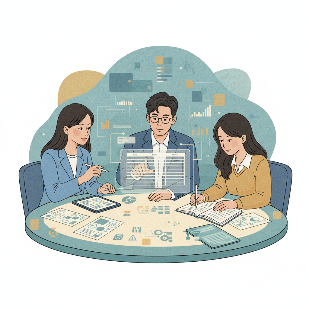 Experts collaborating on detailed grading rubrics for AI model evaluation, illustration style, artistic rendering, textured background, Korean appearance, no text