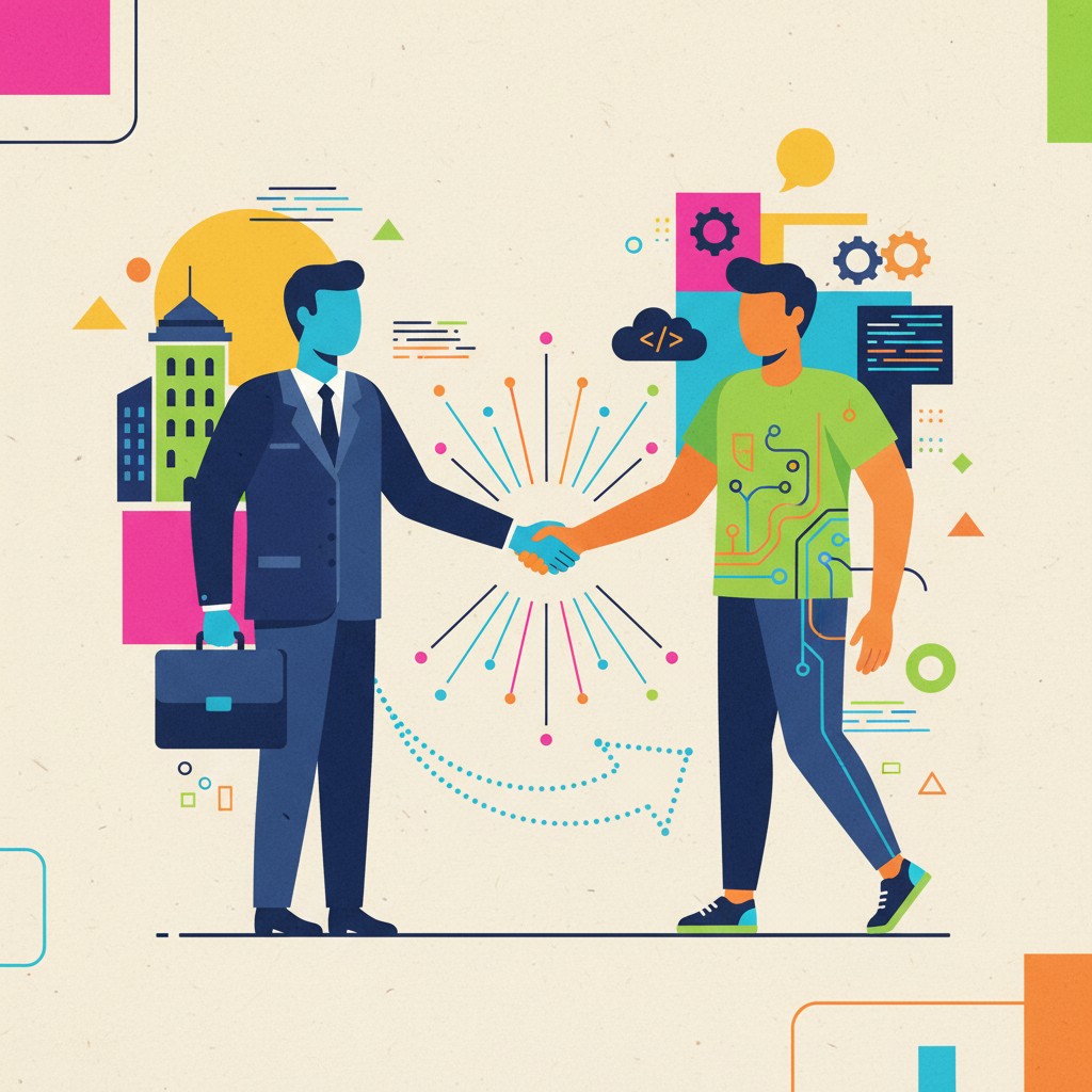 A modern infographic illustrating politicians transitioning into tech roles, with stylized figures shaking hands, vibrant colors, textured background, no text, 4:3 aspect ratio