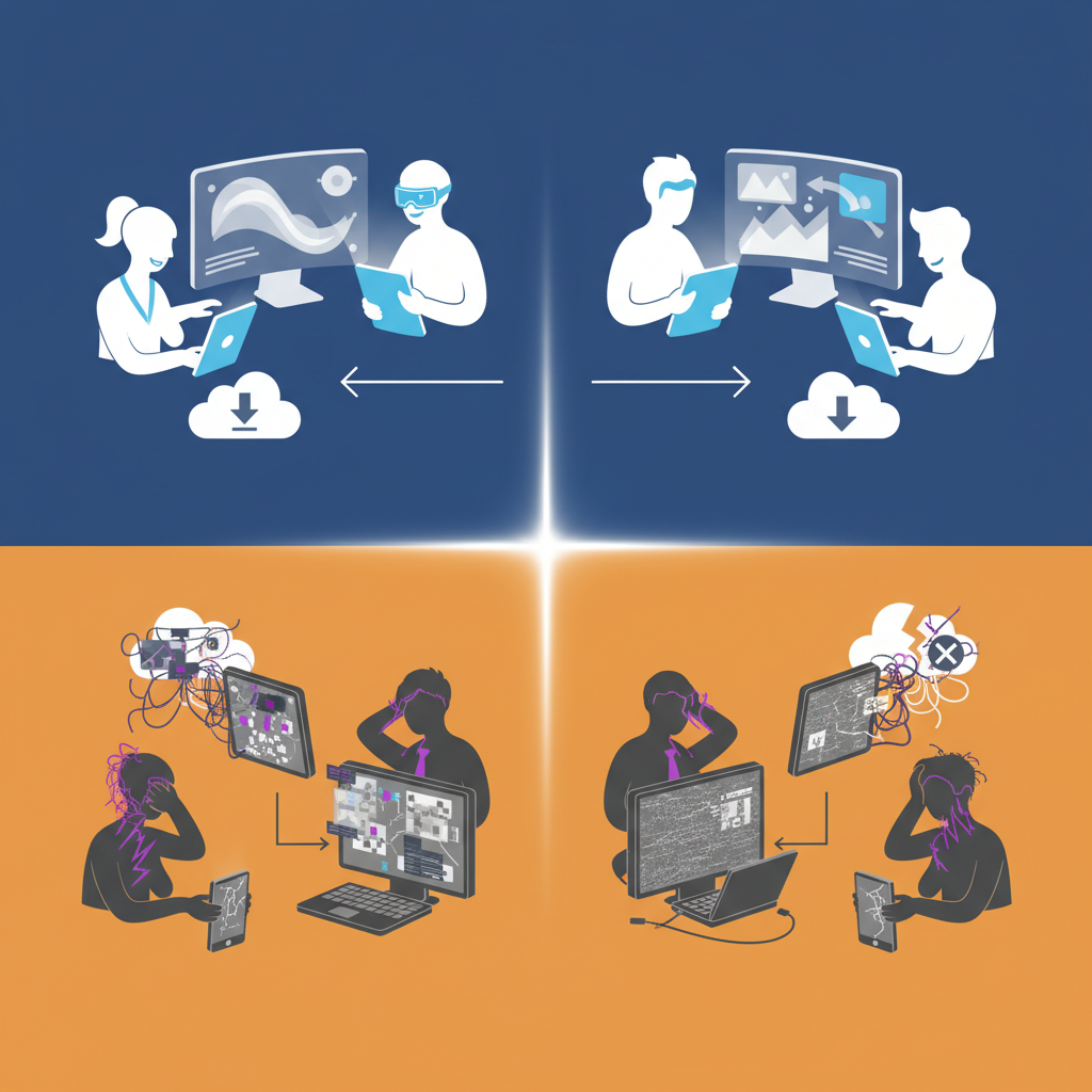 Two distinct groups of people consuming digital content, one group accessing high-quality content on sleek devices, the other sifting through messy, low-quality content, clean infographic, modern layout, high contrast, colored background, no text