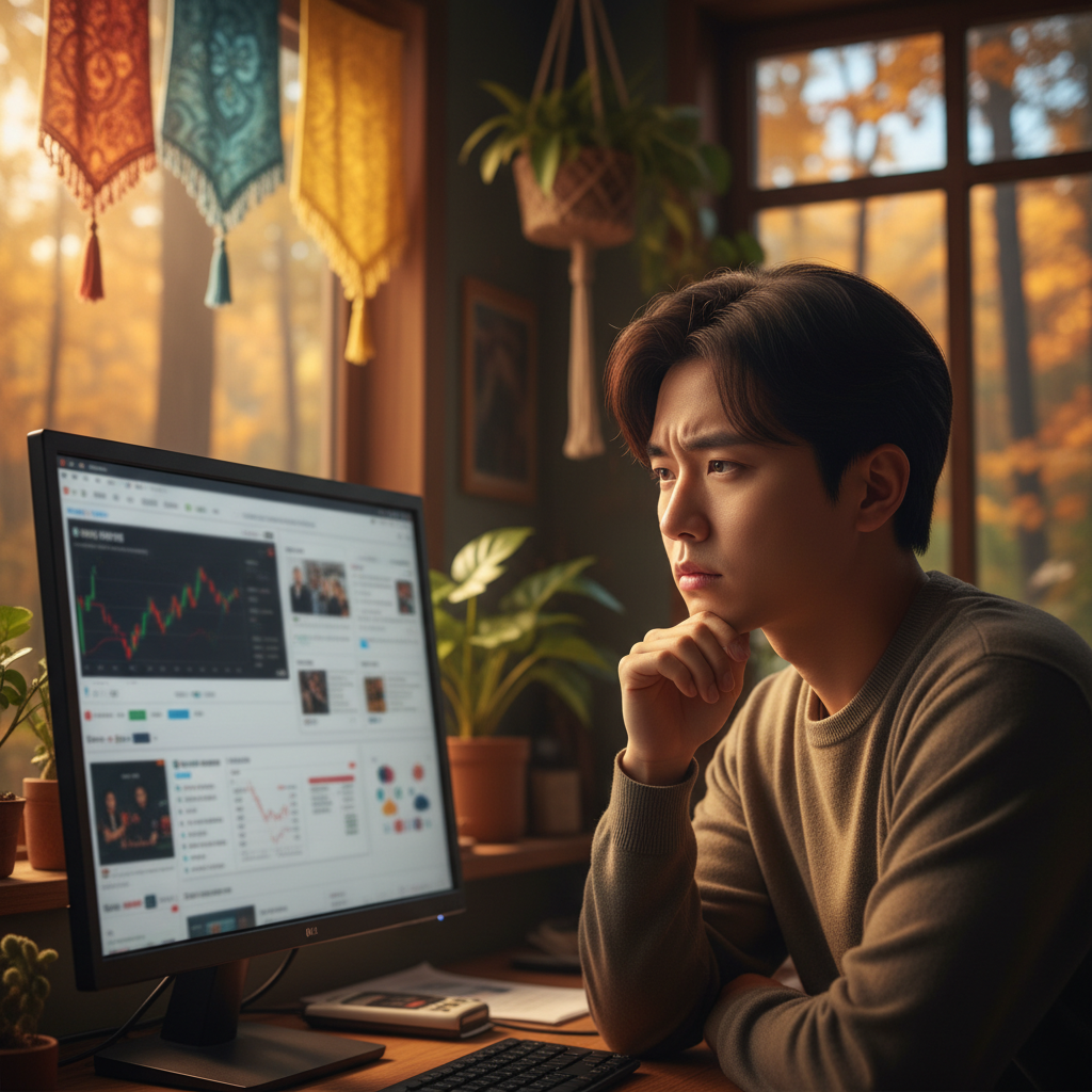 A Korean person looking thoughtfully at a computer screen, perhaps with a slightly skeptical expression, symbolizing critical information verification, warm lighting, natural setting, colored background, no text.