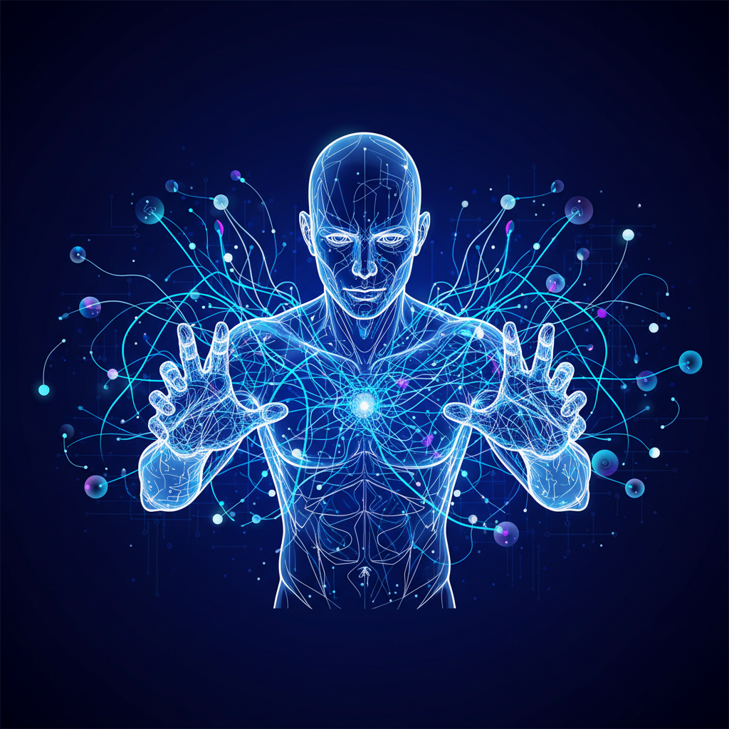 A person navigating through a complex, interconnected web of information, represented by glowing lines and nodes. The person has a determined expression, looking forward. Style: clean infographic, modern layout, high contrast. Background: dark blue gradient with subtle texture. No text.