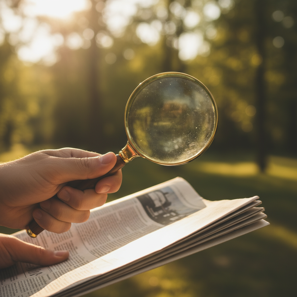 A hand holding a magnifying glass over a piece of news, symbolizing fact-checking and critical thinking, lifestyle photography, warm lighting, natural setting, no text