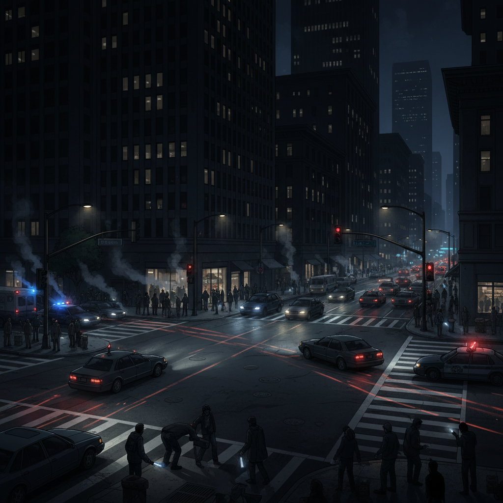 A busy San Francisco intersection at night with all traffic lights completely dark due to a power outage, cars slowly navigating with caution, urban chaos, detailed city background with hints of emergency lighting, no visible text, 4:3 aspect ratio, realistic illustration style, high contrast