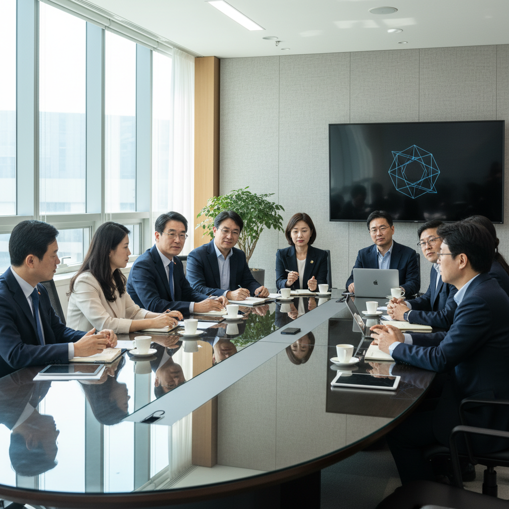 A realistic depiction of diverse Korean policymakers and experts discussing the future of AI in a modern, collaborative meeting room, focusing on human-centric solutions. The scene has balanced lighting and a subtly textured background. No visible text in the image.