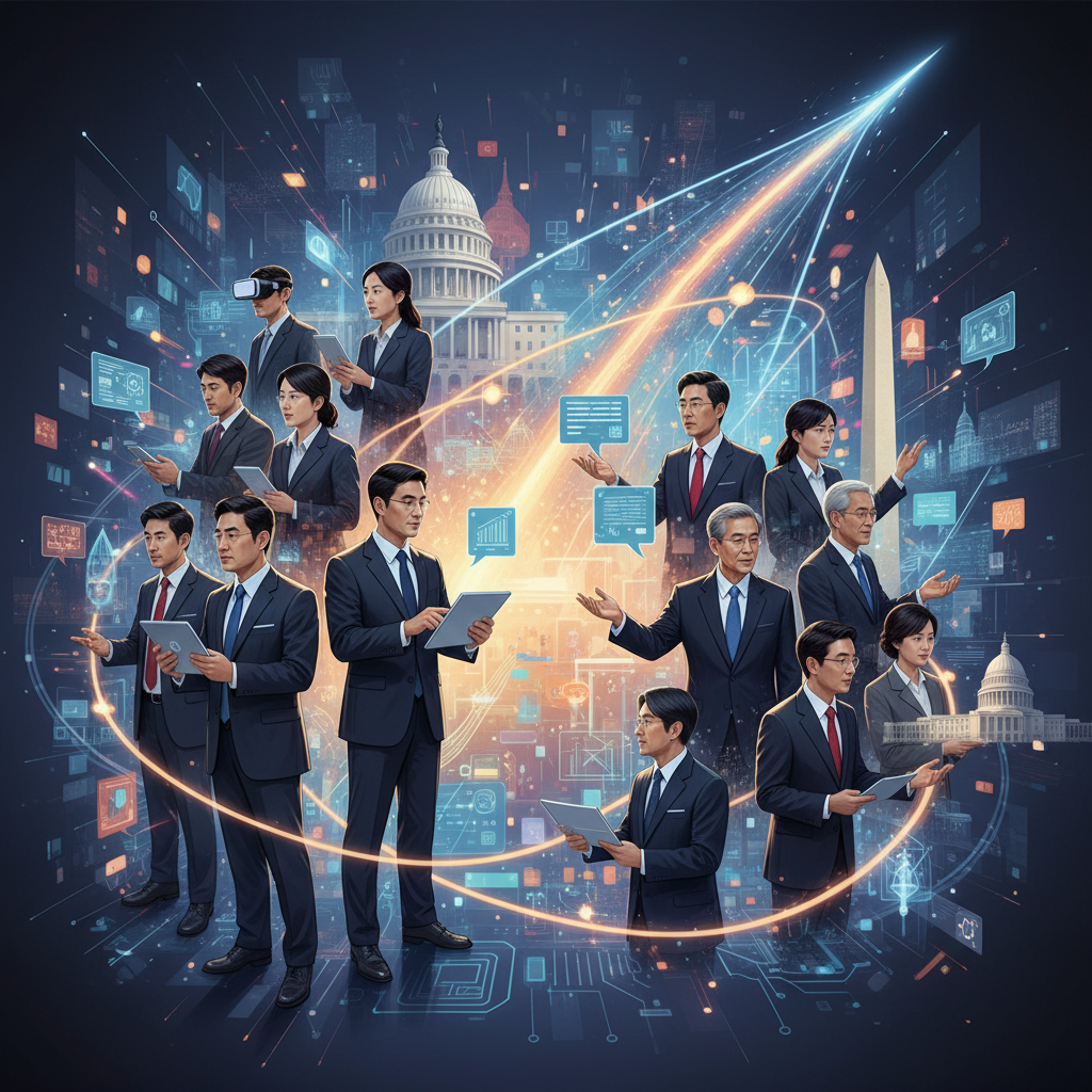 A dynamic illustration showing a diverse group of Silicon Valley professionals (Korean appearance) and Washington D.C. politicians engaged in a discussion within a stylized, interconnected network. Lines and data flow between them, emphasizing influence and collaboration. The background features abstract tech patterns and subtle architectural elements of Washington D.C., with a soft, energetic glow. No text.