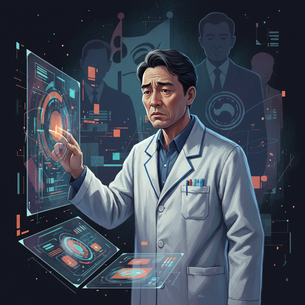 A Korean scientist in a lab coat looks conflicted, standing before a futuristic control panel with abstract data displays. Behind them, a subtle, almost oppressive shadow of political figures or symbols looms. Style: illustration, artistic rendering, textured background. No visible text. Darker, reflective background, full frame.
