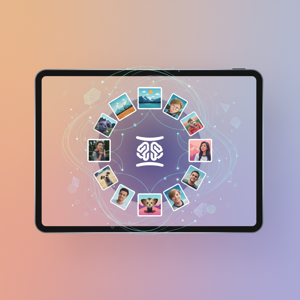 A clean infographic showing Gemini AI analyzing a collection of personal photos on a digital screen. Abstract AI elements are subtly present, representing intelligence and organization. The background is a soft, textured gradient. No text, modern aesthetic.