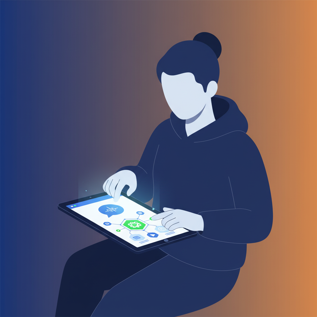 A modern infographic showing a person interacting with the Gemini web app on a tablet, creating a mini-app using natural language, clean layout, high contrast, colored background, no text, 4:3 aspect ratio