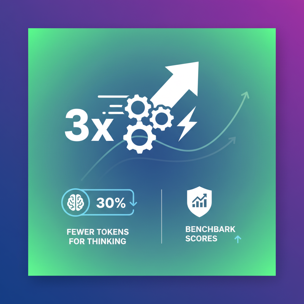 A clean infographic illustrating the performance and cost-effectiveness of Gemini 3 Flash. Key metrics like speed (3x faster), token efficiency (30% fewer tokens for thinking tasks), and benchmark scores are highlighted with modern icons. A subtle comparison with other models is implied through a growth chart. Modern layout, high contrast, vibrant gradient background, 1:1 aspect ratio, no text.