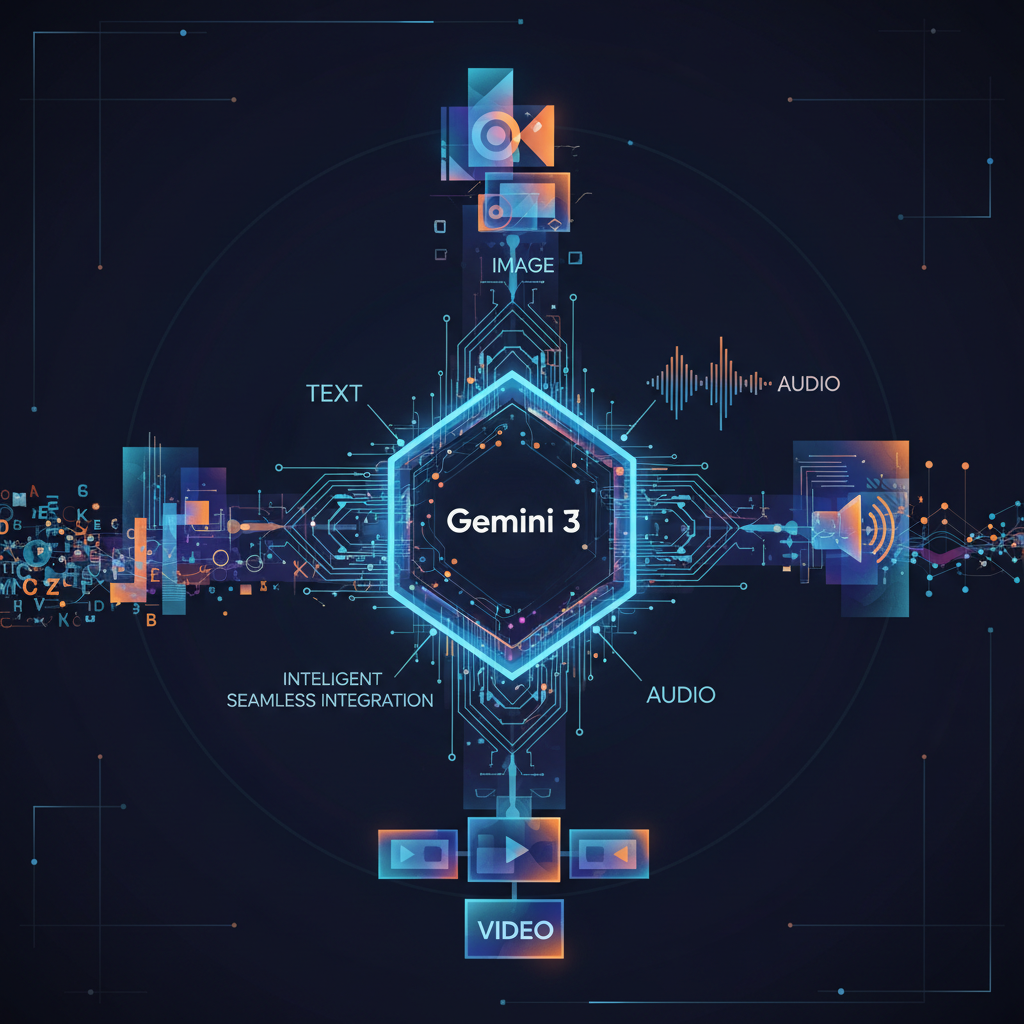 An illustrative infographic showcasing Gemini 3's advanced multi-modal capabilities. The image should feature interconnected representations of various data types: text, image, audio, and video, all flowing into a central, stylized 'Gemini 3' core. The visual emphasizes seamless integration and intelligent processing, with a clean, modern design and a vibrant, technical color palette. No text on the image.