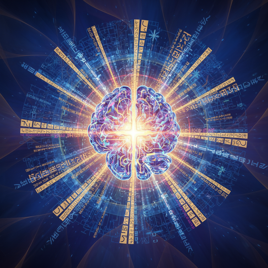 A stylized illustration of a glowing brain-like AI core labeled 'Gemini', surrounded by complex language patterns and translated text snippets, showcasing intelligent parsing. Artistic rendering, textured background with soft gradients, no text. Illustration.