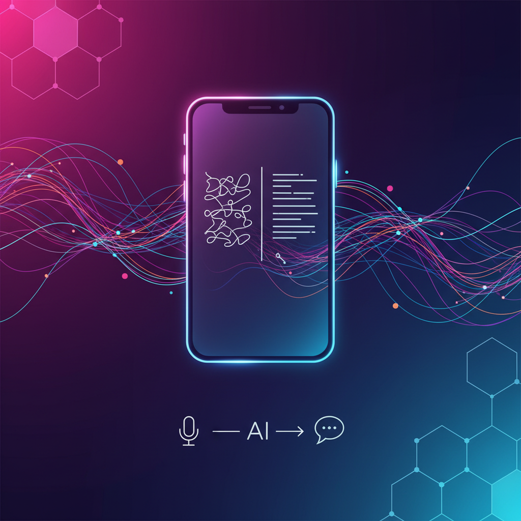 A conceptual image showing Gemini AI enhancing language translation. Abstract neural network lines flowing into a smartphone screen displaying translated text, clean infographic style, modern layout, high contrast, vivid colored background, no visible text in image.