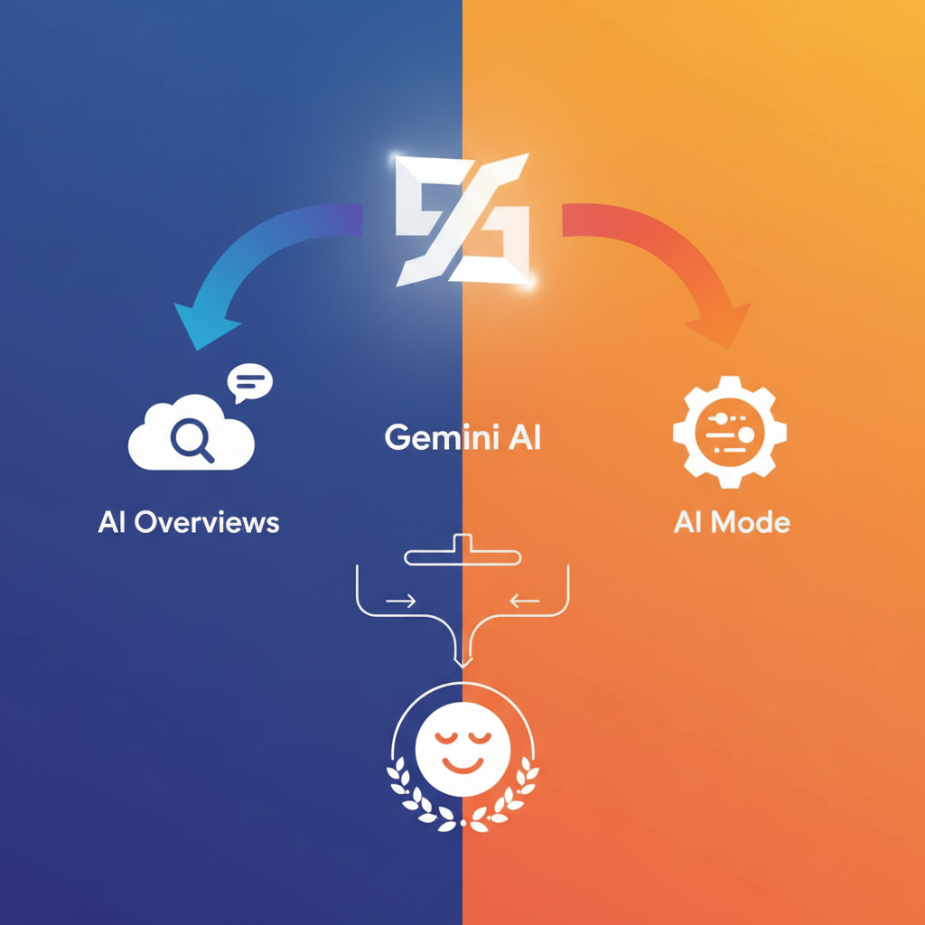 clean infographic, modern layout, high contrast. A stylized graphic representing Gemini AI as the core of a unified search experience. Arrows show information flowing between AI Overviews and AI Mode, leading to a user's satisfied expression. Bright, balanced lighting, colored background. No visible text in image. No Korean characters.