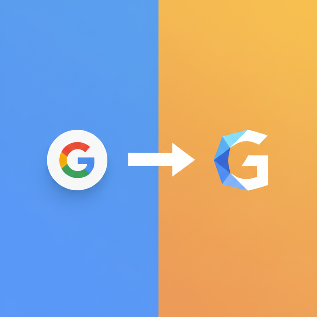 A clean infographic showing Google Assistant logo on the left and Gemini logo on the right, with an arrow pointing from Assistant to Gemini, representing transition. Modern layout, high contrast, colored background, no text, 4:3 aspect ratio