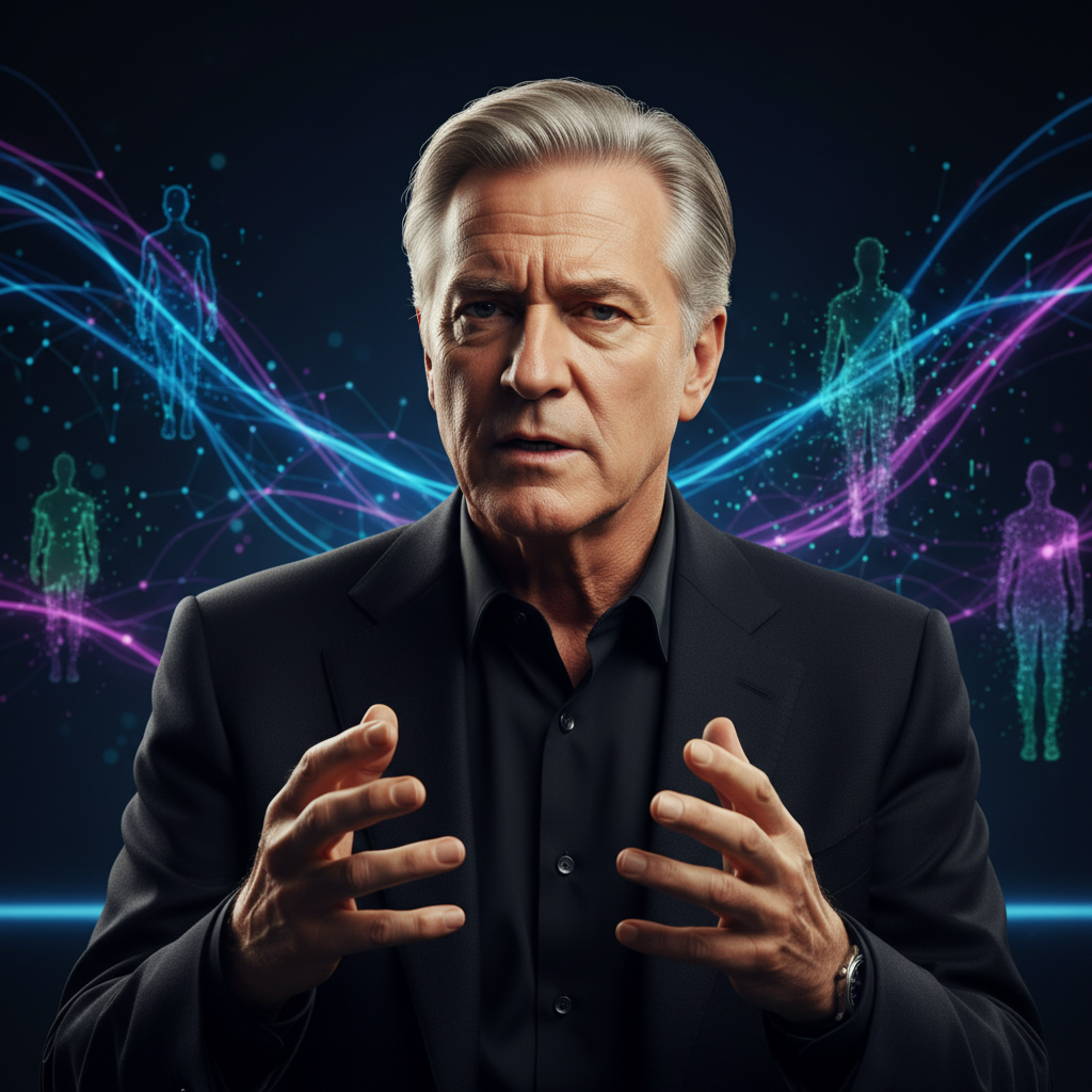 James Cameron, a Korean man in his 70s, speaking intensely about AI actors, with a serious expression in a modern, subtly lit studio setting. Behind him, abstract digital graphics representing AI technology. Style: high contrast, modern layout. No text.