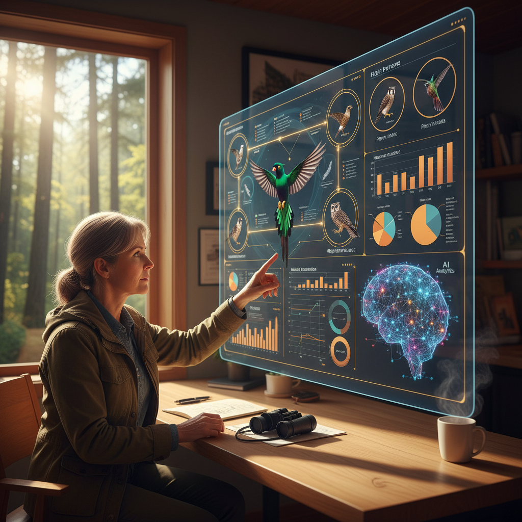 An ornithologist with a keen expression, sitting at a desk and pointing at a large screen displaying intricate bird identification data and images, next to a subtle representation of AI analytics, clean infographic, modern layout, high contrast, warm lighting, natural setting, no text.