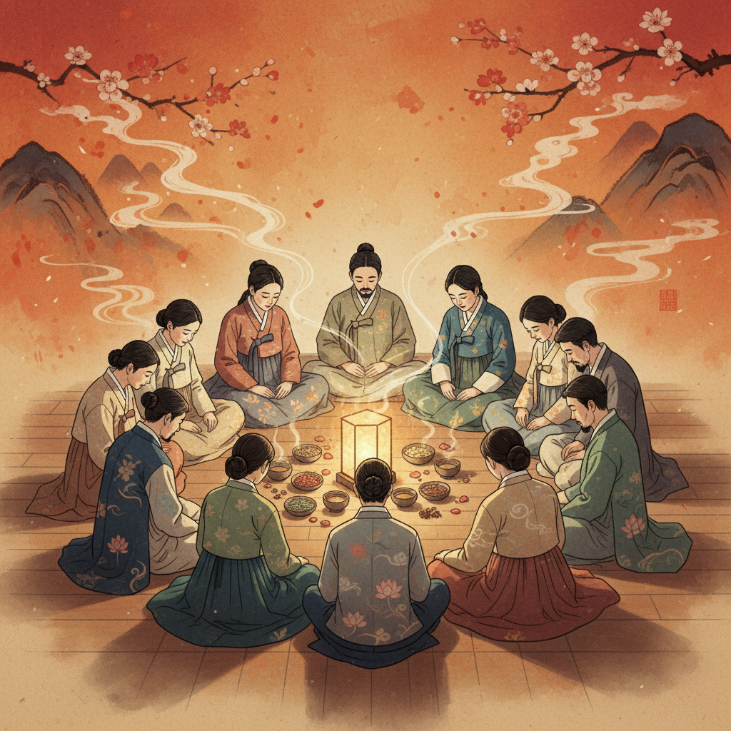 An artistic rendering illustration depicting a diverse group of Korean people finding solace and connection through a traditional, gentle community ritual, warm, textured background, no visible text.