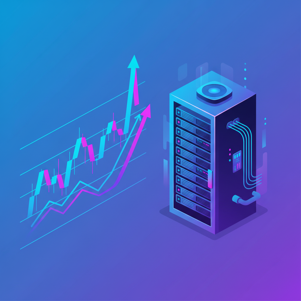 A clean infographic showing a volatile stock chart with upward trends, juxtaposed with a modern data center or AI server rack, high contrast, blue and purple gradient background, no text