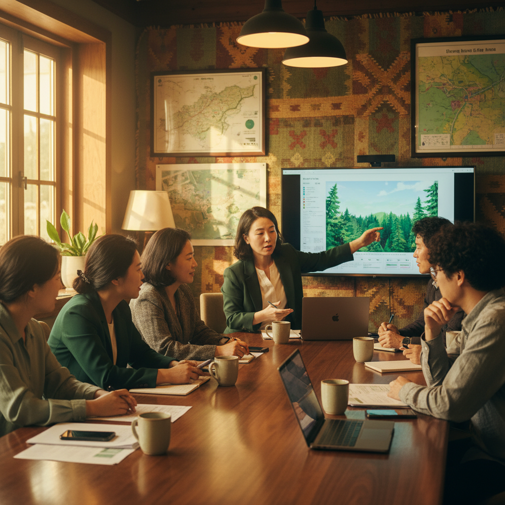 A group of community members gathered in a meeting room, discussing environmental issues, focused, natural expression, warm lighting, textured background, Korean appearance, 4:3 aspect ratio, no text