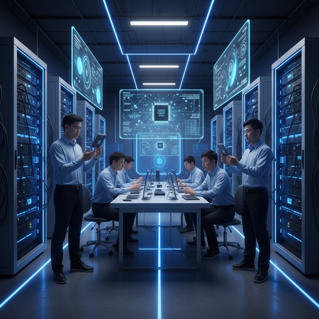 Inside a cutting-edge Chinese AI research lab, engineers examining advanced H200 AI chips with focused expressions, clean infographic style, detailed background of servers and monitors, no text