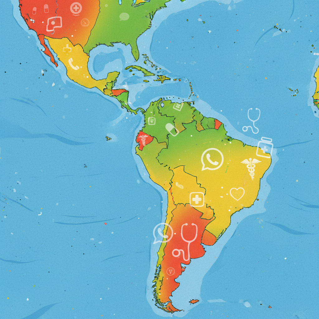 A vibrant map of Latin America with subtle WhatsApp and medical icons layered on top, symbolizing the unique communication culture in healthcare. Illustration style, textured background, bright and balanced lighting, no text. 4:1 aspect ratio