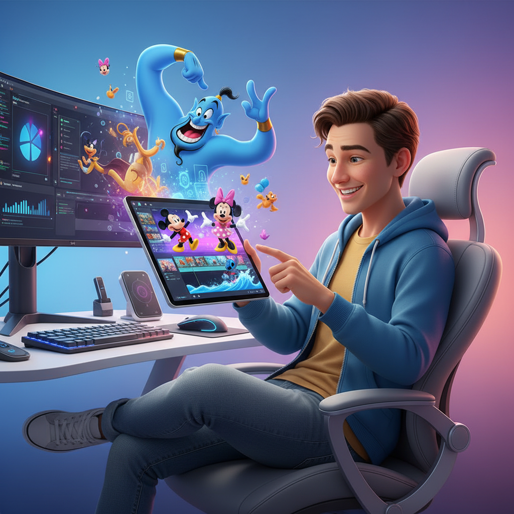 A person happily engaging in AI video editing on a tablet, with dynamic Disney characters appearing on the screen, modern technology setup, colored background, no text