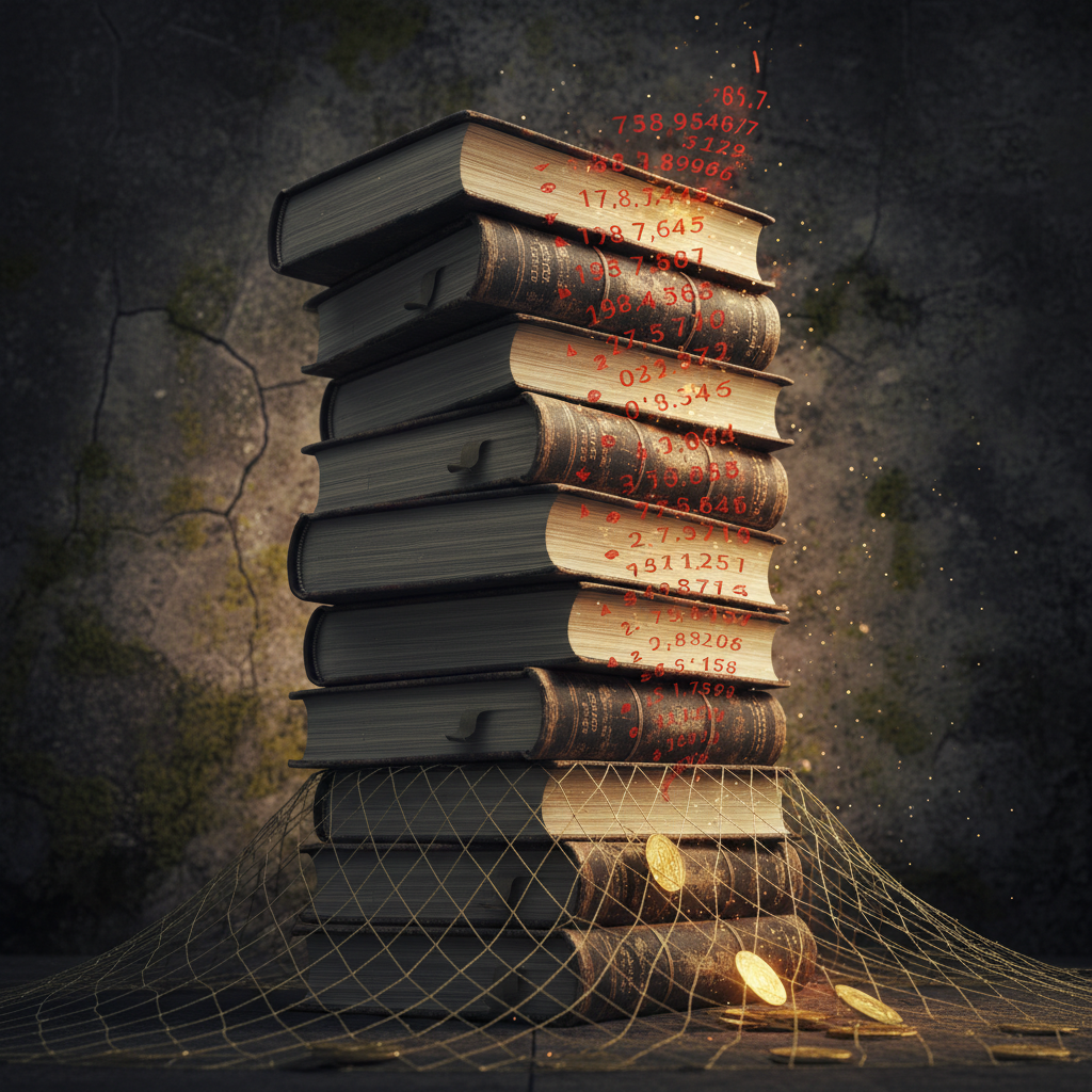 A visual metaphor of a financial ledger with increasing debt figures, balanced with a subtle safety net, high contrast, textured background, no text.