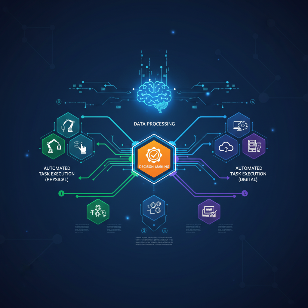 A clean infographic illustrating the concept of intelligent AI agents, showing data processing, decision-making nodes, and automated task execution within a complex, interconnected network. The background is a deep blue gradient with subtle geometric patterns. No visible text, bright and balanced lighting.