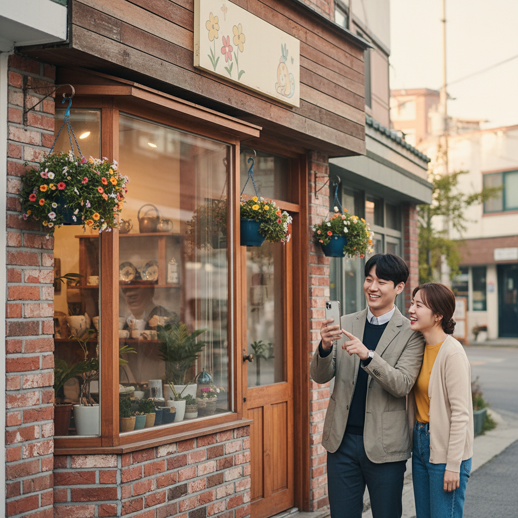 Two young Korean people happily standing in front of a small, charming local shop, one of them showing something on their smartphone to the other. The shop has a warm, inviting facade. The style is lifestyle photography with natural, balanced lighting and a colored background. No text.