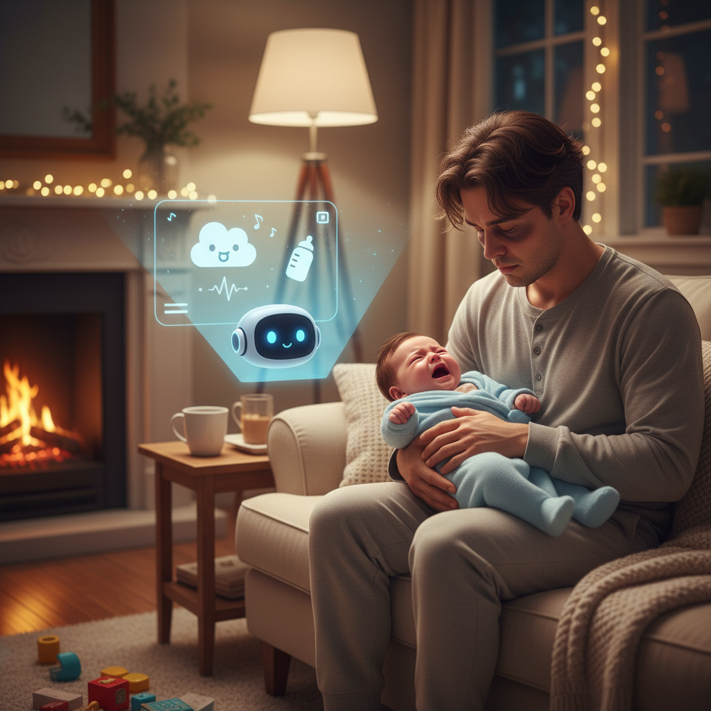 A tired Korean parent looking at a crying baby, with a subtle, glowing AI interface (like a small, helpful robot or a screen showing friendly advice) in the background, warm lighting, cozy home setting, no text.