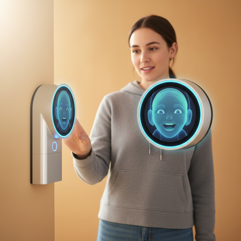 A Ring doorbell with an AI interface politely asking a friend to leave a message, while the home owner is away. Lifestyle photography, natural expression, colored background, no text, 4:3 aspect ratio