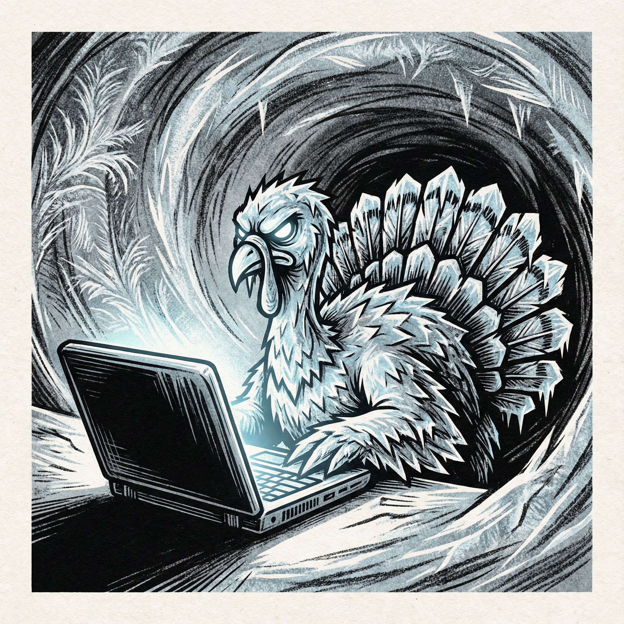 An artistic rendering of a stylized cold turkey, guarding a laptop screen, with a determined expression, high contrast, textured background, no text, aspect ratio 1:1
