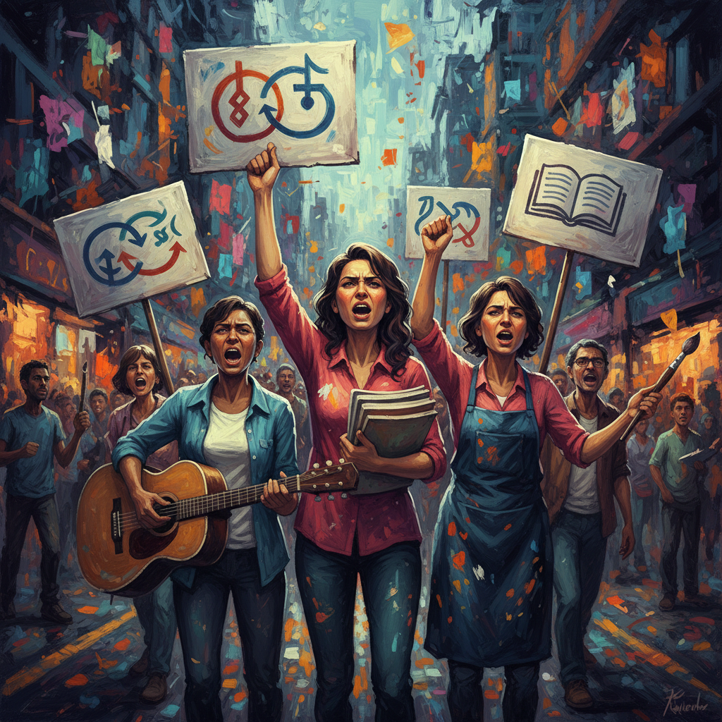 A group of diverse artists and creators, including musicians, writers, and visual artists, passionately protesting for copyright protection, with strong expressions and signs, artistic rendering, textured background, no text, 4:3 aspect ratio