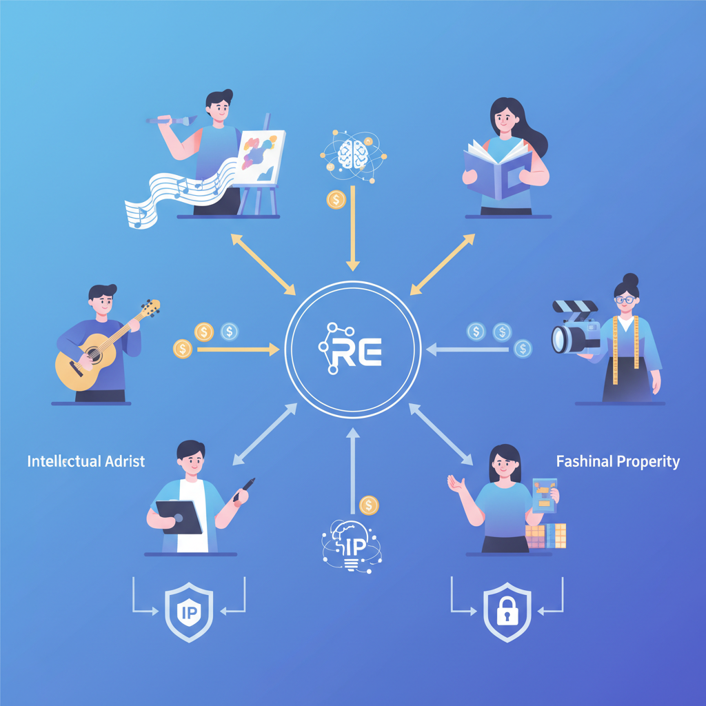 A stylized infographic showcasing Rare Entity's role in empowering artists. It features a diverse group of Korean creative individuals (musicians, artists, writers) around a central hub, where Rare Entity's logo is subtly integrated. Arrows indicate financial support and creative guidance flowing to artists, while intellectual property icons are clearly shown under artist control. The background is a clean, modern gradient. No visible text.