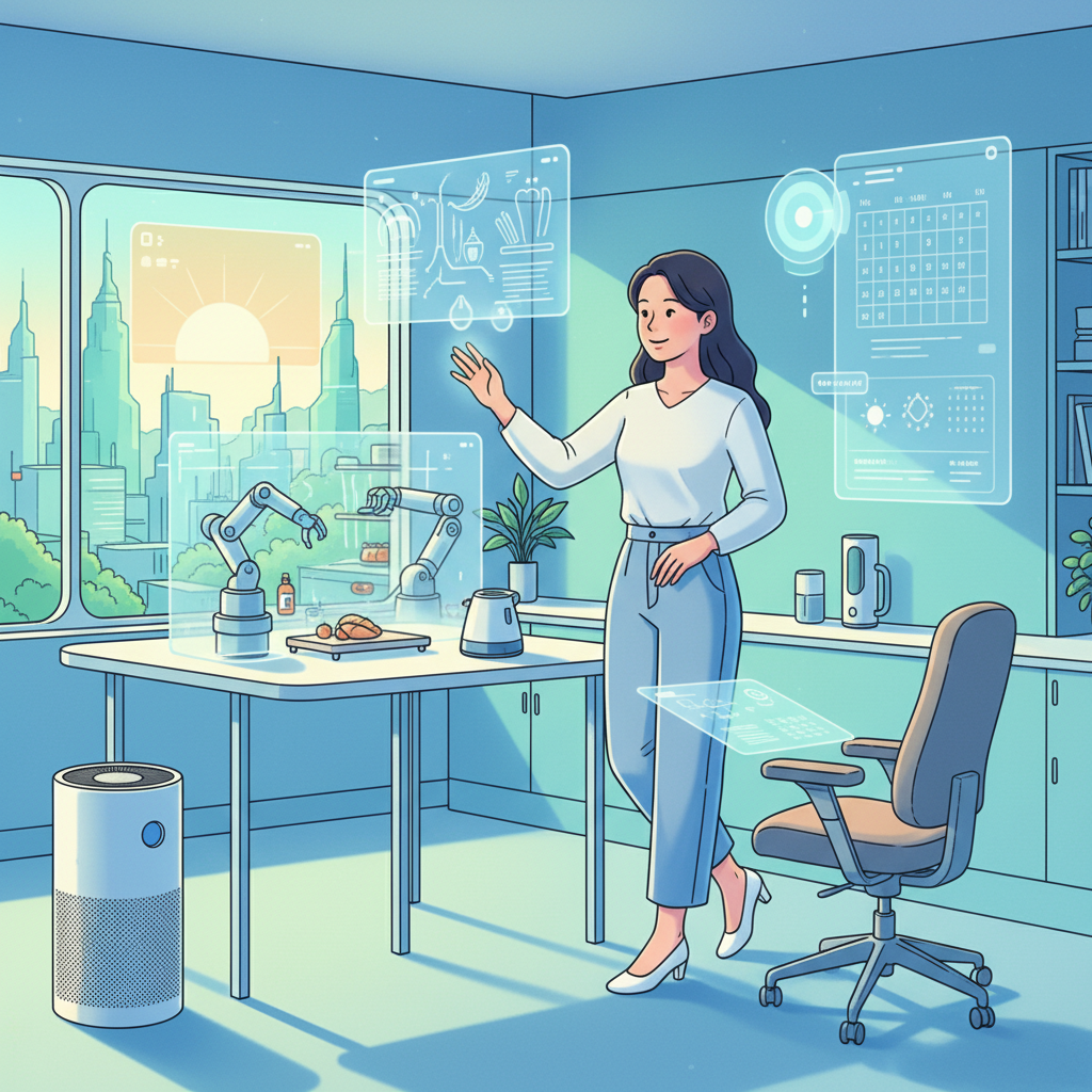 A bright, hopeful illustration of a Korean person interacting seamlessly with various smart home devices and digital interfaces, all orchestrated by an unseen AI, depicting a simplified, efficient future lifestyle, clean and modern style, vibrant colored background, no text