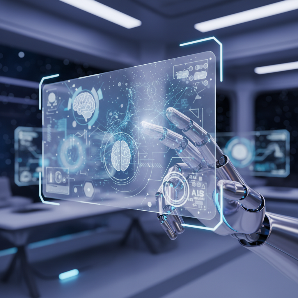 A robotic hand gently interacting with a holographic interface displaying future AI concepts, serene atmosphere, soft blue and purple lighting, futuristic setting, no text