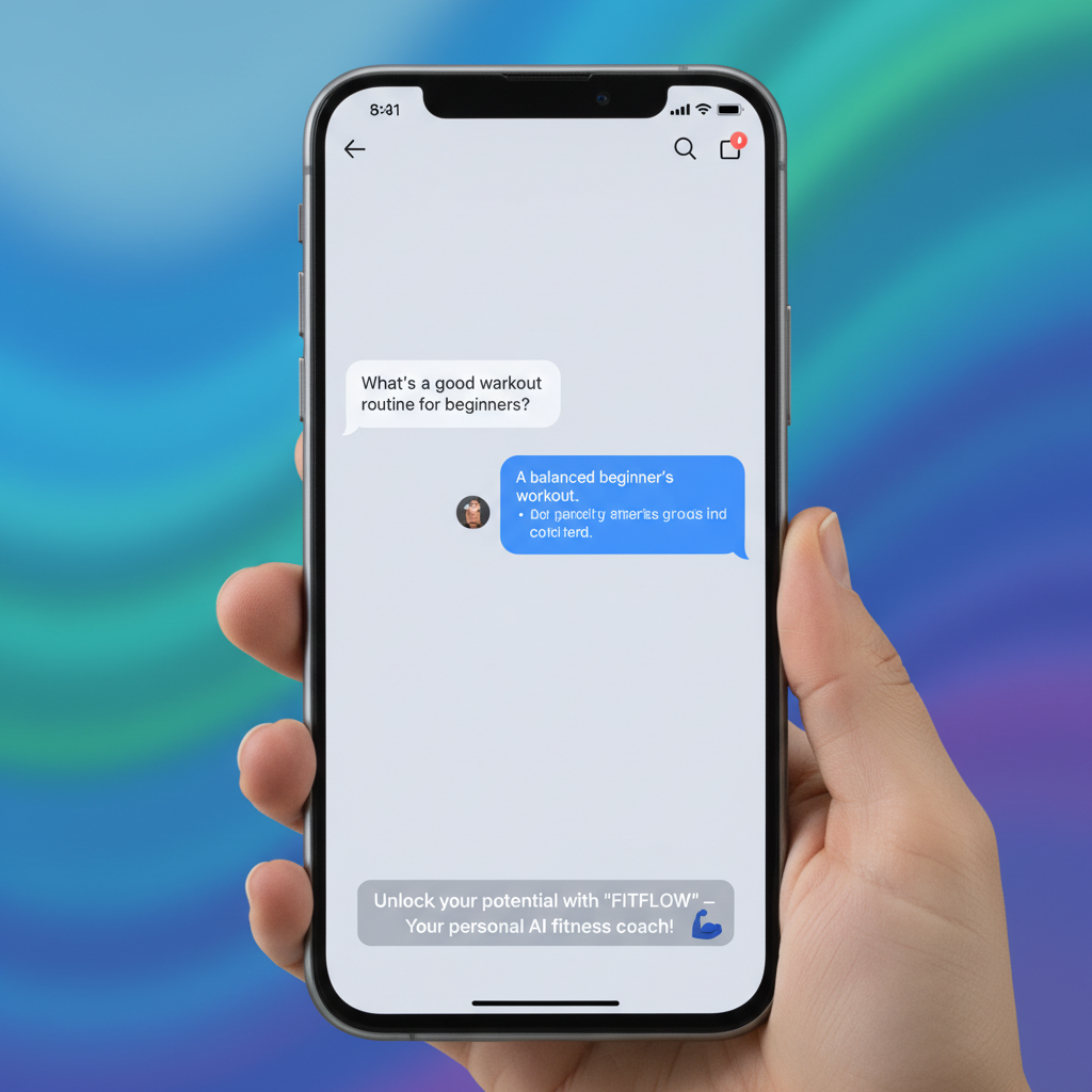 A modern smartphone screen showing a ChatGPT interface with a subtle, non-intrusive promotional message for a fitness app at the bottom, clean design, balanced lighting, colored background, no text